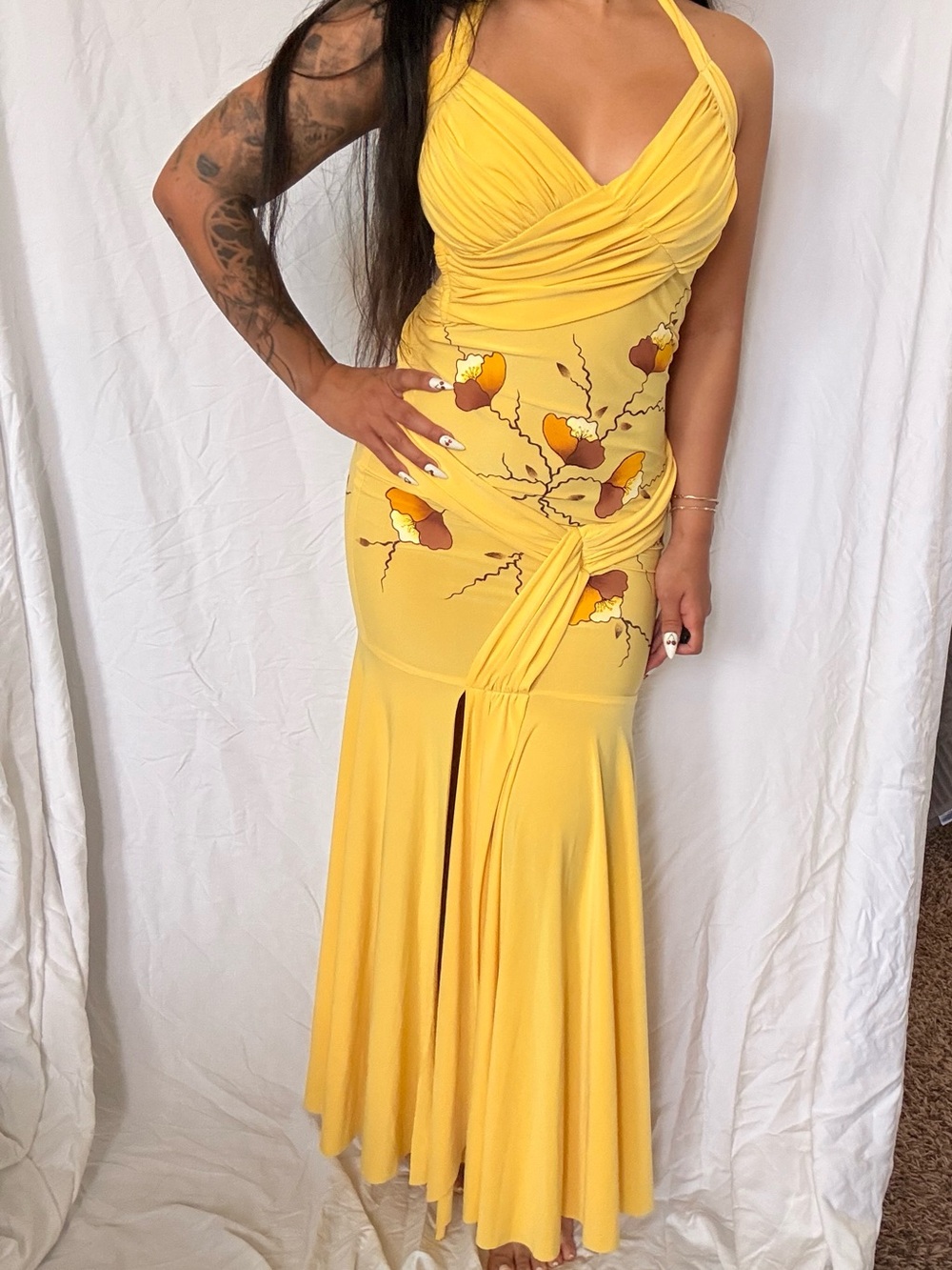 Vintage Yellow Halter Maxi Formal Dress with Hand-painted Floral Accents